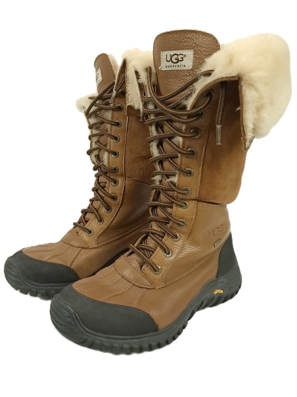 UGG Adirondack Tall Boots Women 7.5 Tan Leather Sheepskin Lined Lace Up 5498